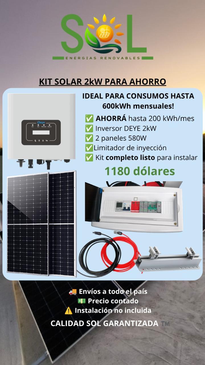 Kit Deye On Grid 2000W con 2 paneles. AHORRÁ HASTA 200kWh mensuales.