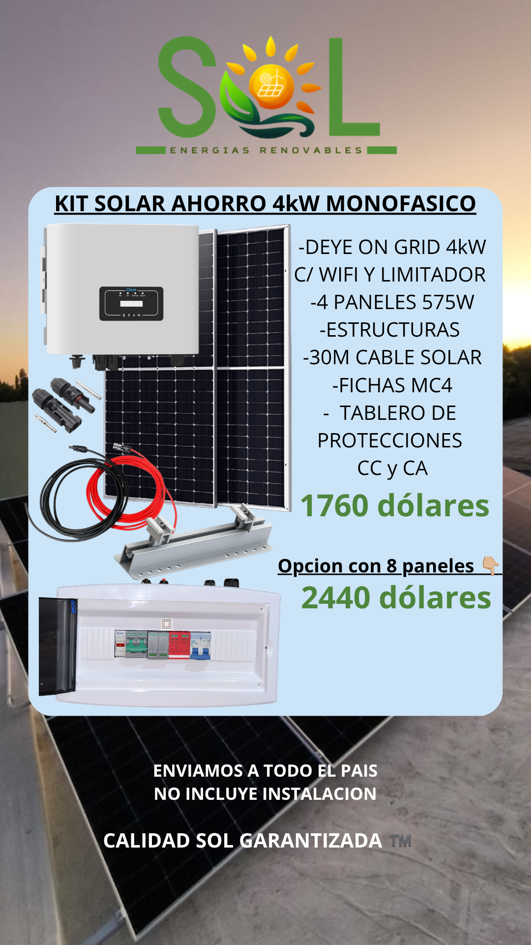 KIT ON GRID AHORRO 4kW con 8 Paneles solares ultima gen.