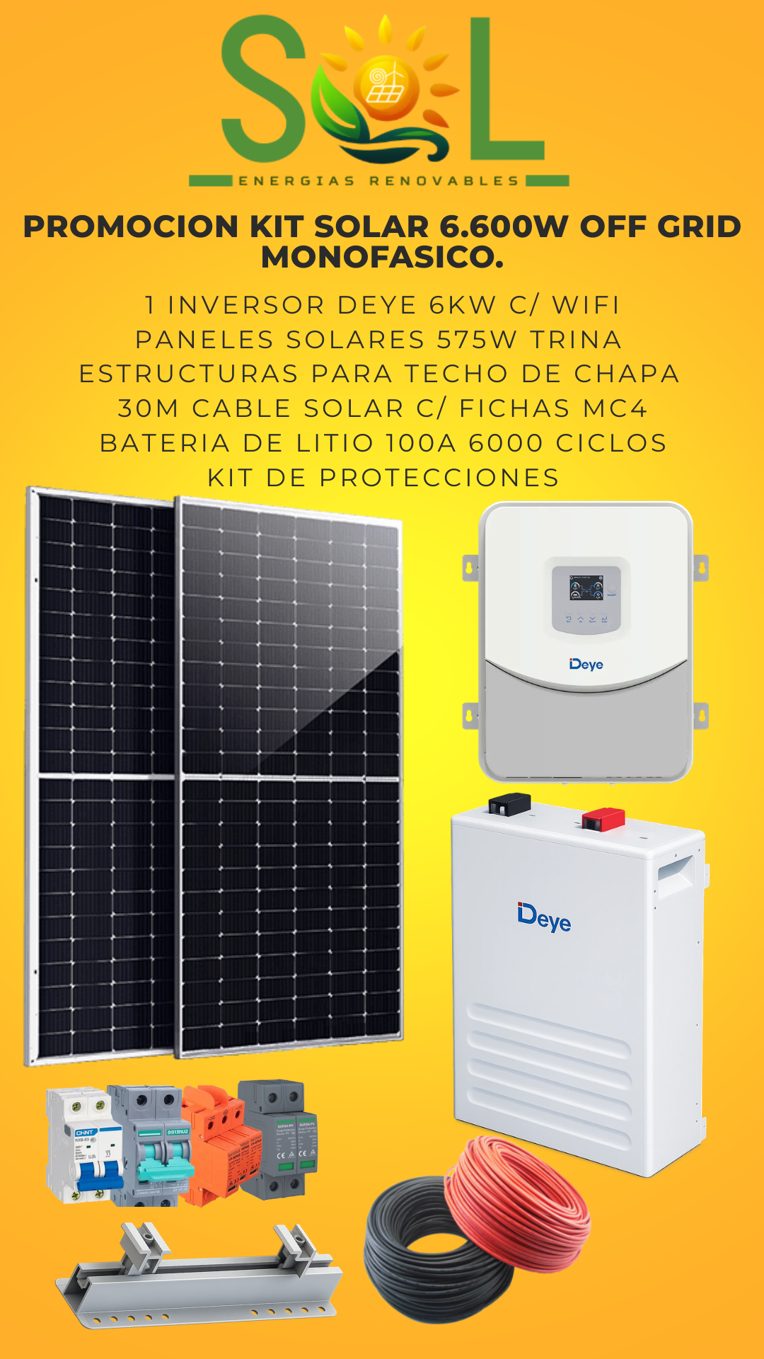 KIT SOLAR OFF GRID DEYE 6600W CON BATERIA DE LITIO. AHORRO Y AUTONOMÍA. CON 8 PANELES.