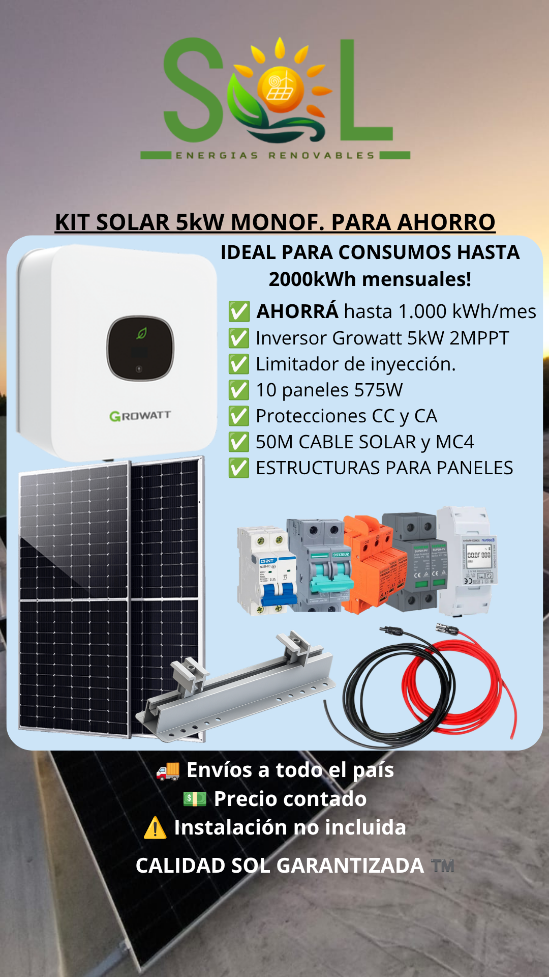 KIT SOLAR DE AHORRO MONOFÁSICO GROWATT 5000W CON 10 PANELES.